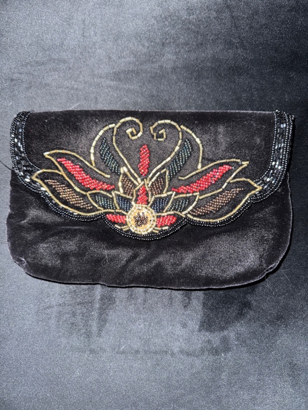 Black Velvet Beaded Floral Clutch - Elegant Evening Bag